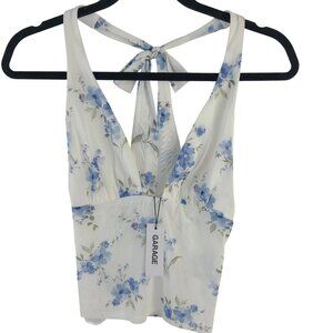 NWT Garage White & Blue Floral Deep Plunge Mesh Halter Top Sz XS